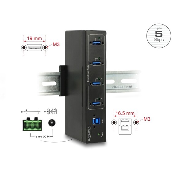 Zewnętrzny przemysłowy hub 4x USB 3.0-A ochrona ESD 15kV Delock 63309