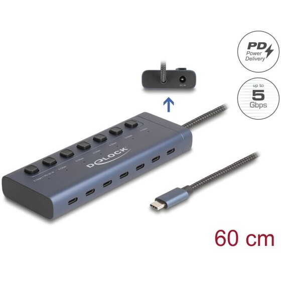 Koncentrator USB 5Gbps 7x USB-C z przełącznikiem PowerDelivery 20W Delock 63410