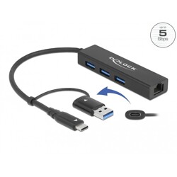 Hub USB 3.2 Gen 1 3 porty + Gigabit LAN USB-C lub USB-A Delock 64149