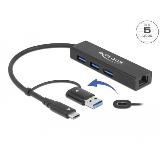 Hub USB 3.2 Gen 1 3 porty + Gigabit LAN USB-C lub USB-A Delock 64149