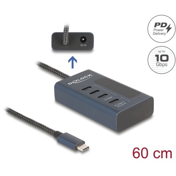 Hub USB 10Gbps 4x USB-C PowerDelivery 20W ze wskaźnikiem zasilania Delock 64189