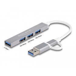 Hub USB Slim 4-portowy 3x USB 2.0-A + 1x USB 5Gbps typ A wejście USB-C lub USB-A Delock 64214