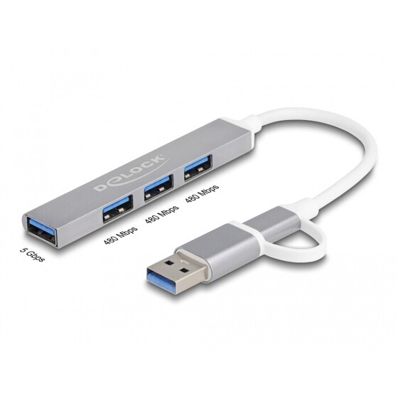 Hub USB Slim 4-portowy 3x USB 2.0-A + 1x USB 5Gbps typ A wejście USB-C lub USB-A Delock 64214