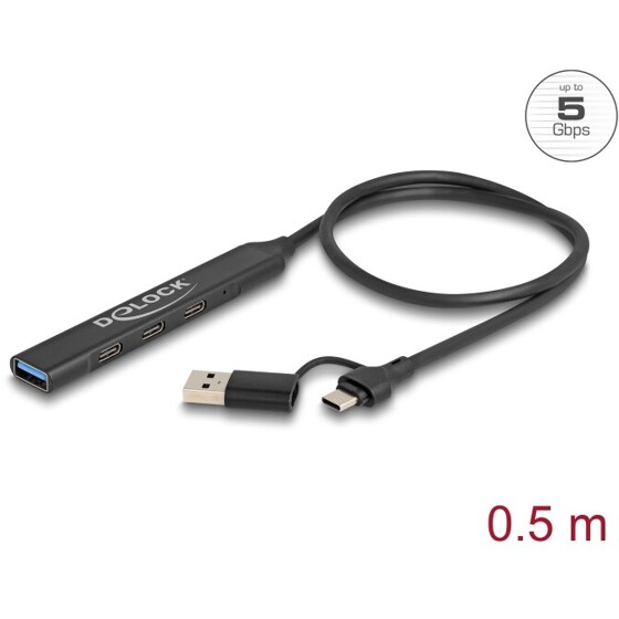 Cienki hub USB 4-portowy 3x USB 5Gbps typ C + 1x USB 5Gbps typ A wejście USB-C lub USB-A Delock 64272