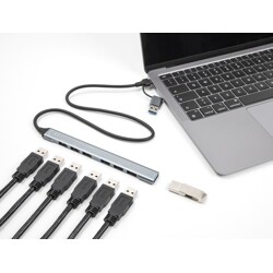 Cienki hub USB 7-portowy 1x USB 5GbpsA + 6x USB 2.0-A wejście USB-C lub USB-A Delock 64273
