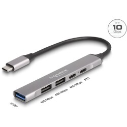 Cienki hub USB-C 4-portowy 1x USB 10Gbps typ A + 2x USB 2.0-A + 1x USB 2.0-C PD 95W Delock 64298