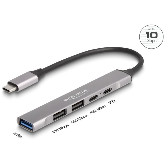 Cienki hub USB-C 4-portowy 1x USB 10Gbps typ A + 2x USB 2.0-A + 1x USB 2.0-C PD 95W Delock 64298