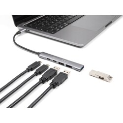 Cienki hub USB-C 4-portowy 1x USB 10Gbps typ A + 2x USB 2.0-A + 1x USB 2.0-C PD 95W Delock 64298