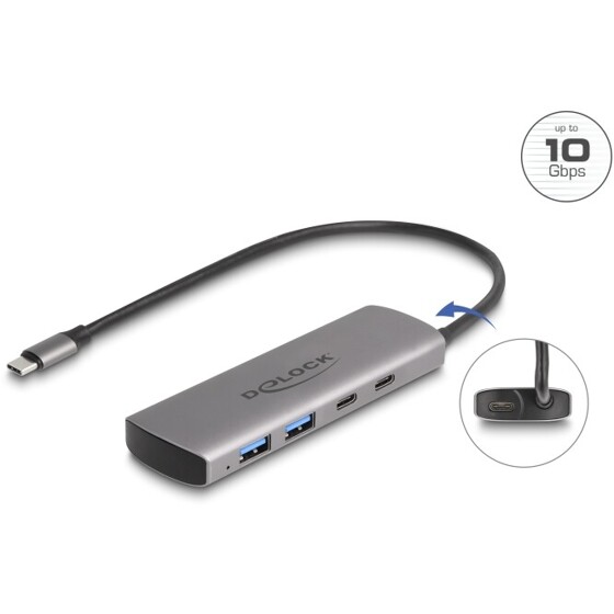 Hub USB 10Gbps 2x USB-A + 2x USB-C upstream USB-C + dodatkowe zasilanie Delock 64299