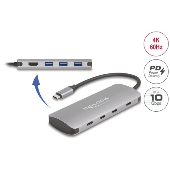 Hub USB 10Gbps 7x USB + HDMI 4K USB-C PowerDelivery 3.0 90W Delock 64323