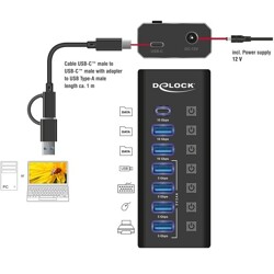Hub USB 7-portowy 4x10Gbps + 4x szybkie ładowanie z przełącznikiem i podświetleniem Delock 64326