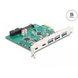 Karta PCI Express x1 do 3x USB 5Gbps typ A + 2x USB-C zewn. + 1x wewn. złącze USB 19-pinowe męskie Delock 90109