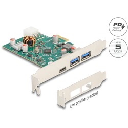 Karta PCI Express x1 do 1x zewn. USB-C PD 30W żeńskie + 2x zewn. USB-A 5Gbps Delock 90229
