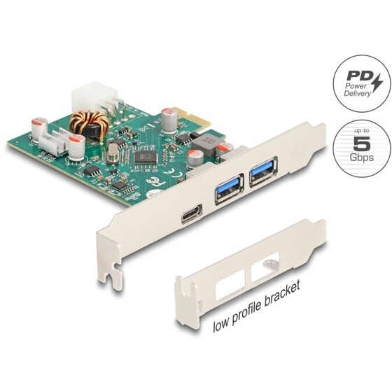 Karta PCI Express x1 do 1x zewn. USB-C PD 30W żeńskie + 2x zewn. USB-A 5Gbps Delock 90229