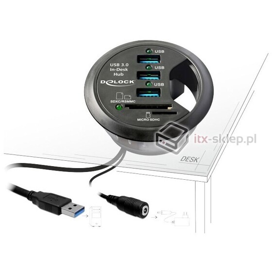 Hub biurkowy 3-portowy USB 3.0 + czytnik kart SD Delock 61991