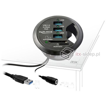Hub biurkowy 3-portowy USB 3.0 + czytnik kart SD Delock 61991