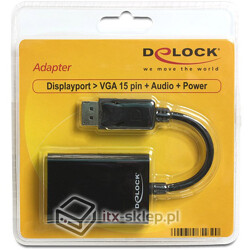 Adapter Displayport męski (M)  VGA 15pin żeński (F) + Audio + Power Delock 65439