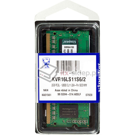 Kingston SODIMM 2GB 1600MHz DDR3 1,35V KVR16LS11S6/2