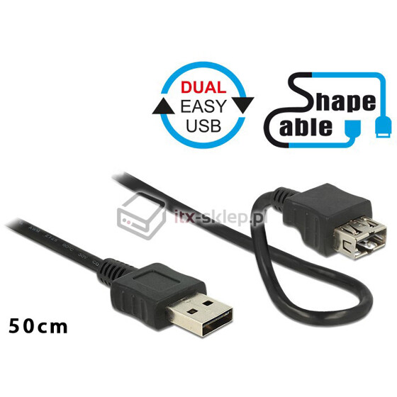 Elastyczny przedłużacz Easy-USB 2.0 A-A krótki giętki 50cm M-F Delock 83663