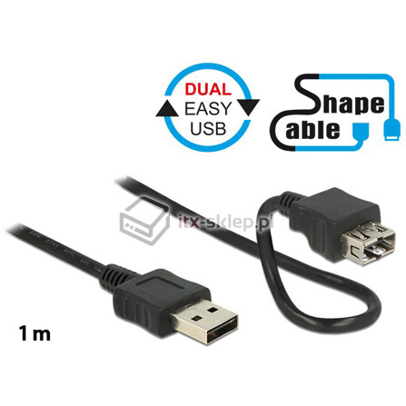 Elastyczny przedłużacz Easy-USB 2.0 A-A krótki giętki 1m M-F Delock 83664