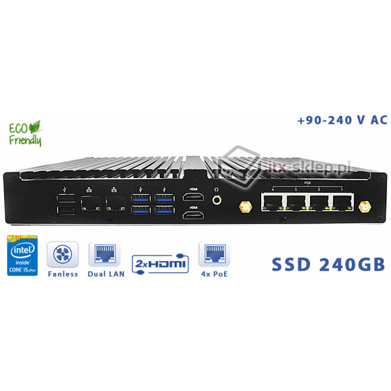 Komputer PoE Fanless Intel Core i5-5200U 2.20GHz 8GB SSD 240GB Delta-PoE1-SSD240 90-264VAC Intel AMT vPRO