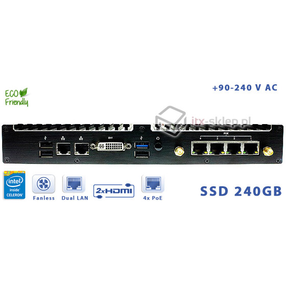 Komputer PoE Fanless Intel Celeron N2930 1,83GHz 4GB SSD 240GB Delta-PoE2-SSD240 90-264VAC