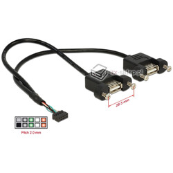 Kabel USB 2.0 wewnętrzny F raster 2,00mm - 2xUSB 2.0-A żeński do zabudowy panelowej Delock 84832