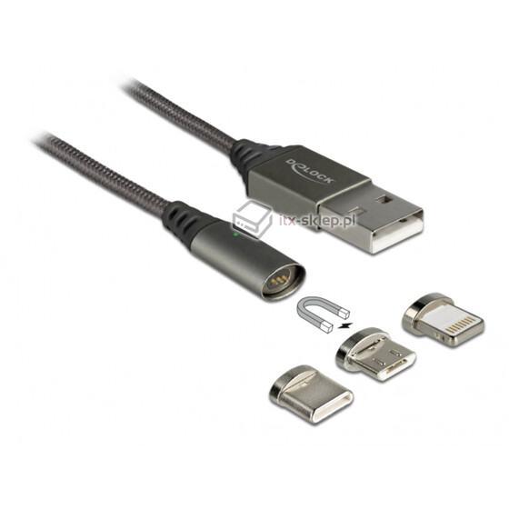 Kabel magnetyczny do ładowania USB micro-B USB-C 8pin Lightning 1,0m Delock 85705