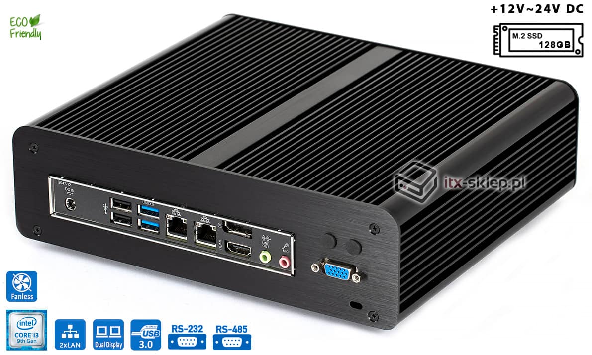 Komputer przemysłowy fanless 9. generacji Core i3-9100 3,1GHz 2xLAN 8GB M.2 SSD 128GB i3-H310-SSD128