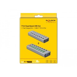 Hub USB 3.0 zewnętrzny 7-portowy z przełącznikiem i portem ładowania Delock 63264