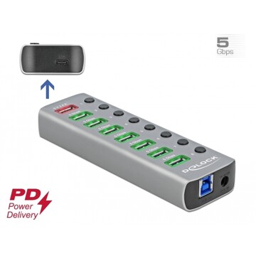 Hub USB 3.0 zewnętrzny 7-portowy z przełącznikiem i portem ładowania Delock 63264