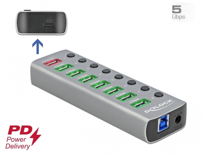 Hub USB 3.0 zewnętrzny 7-portowy z przełącznikiem i portem ładowania Delock 63264
