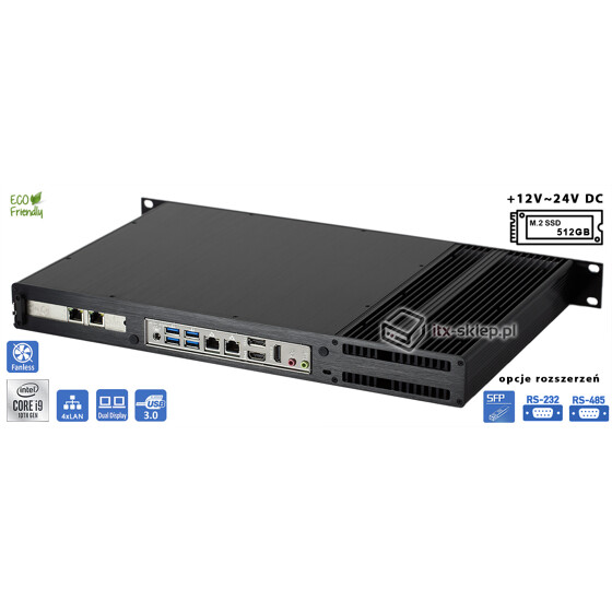 Serwer fanless Core i9-10900 2,80GHz 32GB DDR4 4xLAN Delta-Silent5-i9-SSD512 DC12-24V