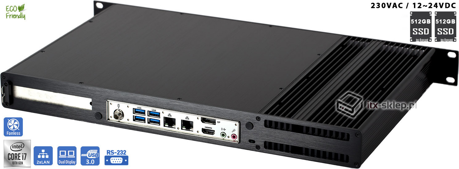 Serwer fanless Core i7-10700 2,90GHz 64GB DDR4 2xLAN Delta-Silent5-i7-2xSSD512-RAID DC12-24V