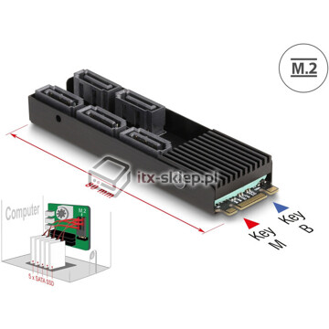 Adapter konwerter M.2 2280 Key B+M męski do 5x SATA Delock 64051