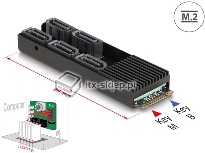 Adapter konwerter M.2 2280 Key B+M męski do 5x SATA Delock 64051