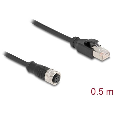 Delock M12 Kabel adaptera z kodowaniem D 4-pinowe żeńskie do męski RJ45 o długości 50 cm