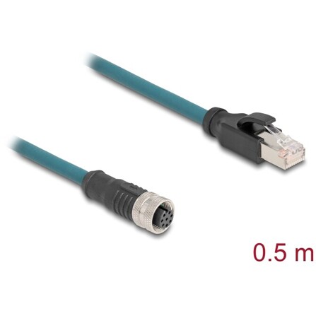 Delock M12 Kabel adaptera z kodowaniem A 8-pinowe żeńskie do męski RJ45 o długości 50 cm