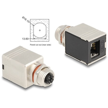 Delock Adapter M12, 8-pinowy żeński, kodowany X, do żeńskiego RJ45 Cat.6A STP, osłonięte proste