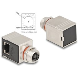 Delock Adapter M12, 8-pinowe złącze żeńskie z kodowaniem X na żeńskie złącze RJ45 Cat.6A STP, osłonięte, pod kątem 90°