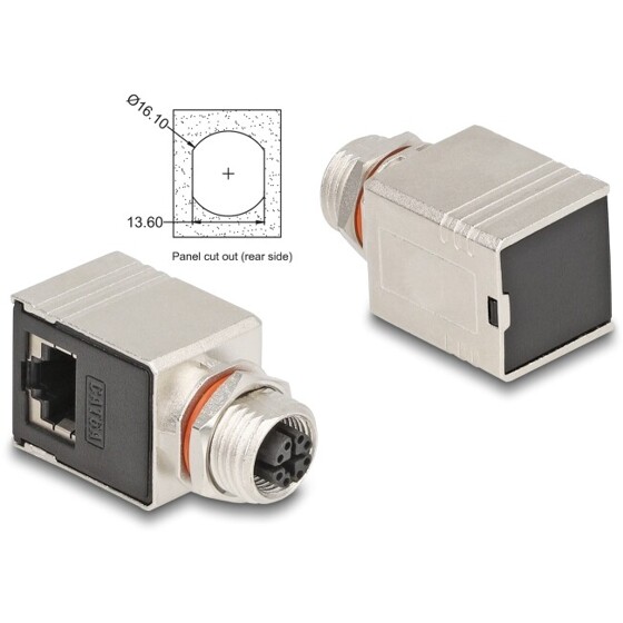 Adapter M12 8pin żeński X-coded RJ-45 żeński metalowy kątowy STP Delock 60088