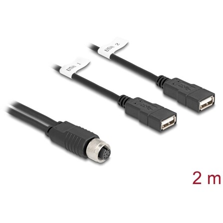 Delock Kabel M12 z 8-pinowym żeńskim kodowaniem A na 2 x USB 2.0 Typ-A żeński 2 m czarny