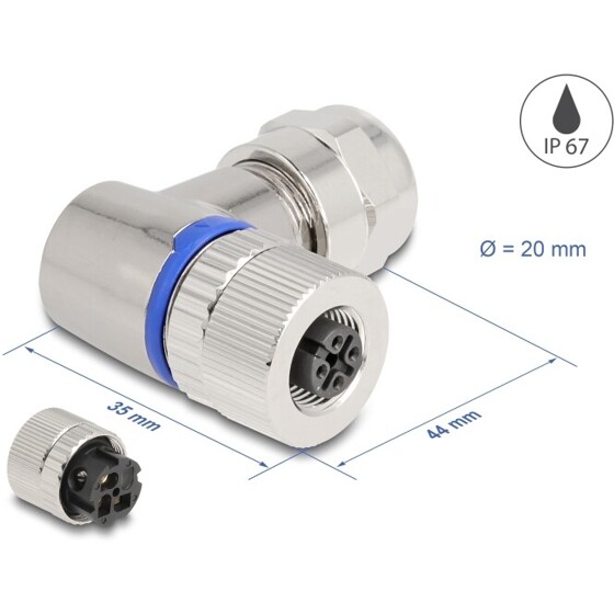 Złącze M12 metalowe kątowe IP67 3pin żeński A-coded złącze śrubowe montażowe 3pin Delock 60542