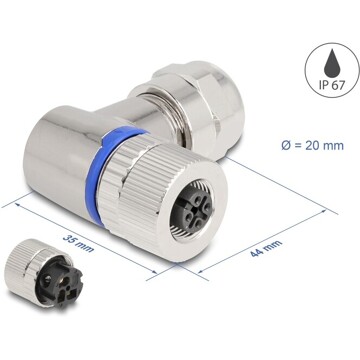 Złącze M12 metalowe kątowe IP67 3pin żeński A-coded złącze śrubowe montażowe 3pin Delock 60542