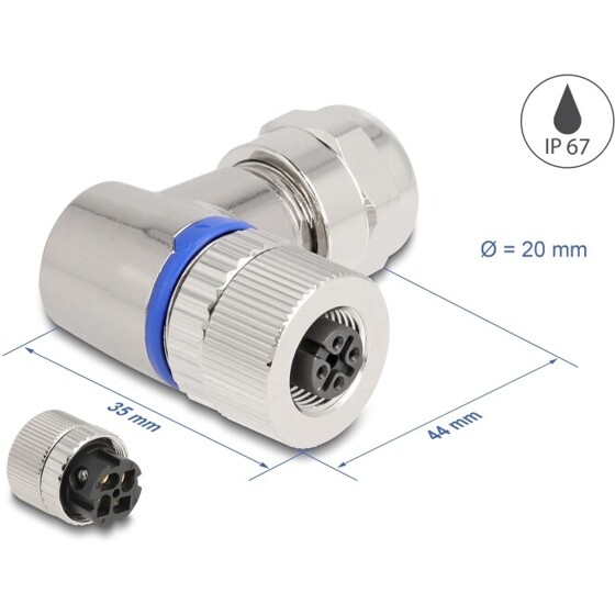 Złącze M12 metalowe kątowe IP67 4pin żeński A-coded złącze śrubowe montażowe 4pin Delock 60565