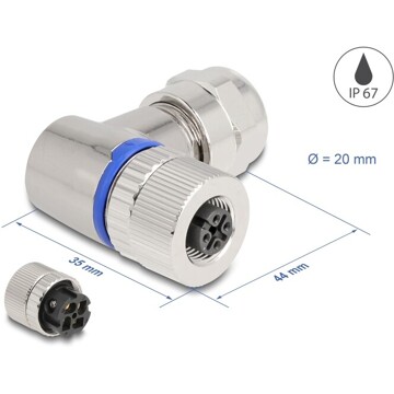 Złącze M12 metalowe kątowe IP67 4pin żeński A-coded złącze śrubowe montażowe 4pin Delock 60565