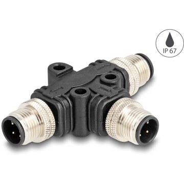 Rozgałęźnik splitter M12 typu T A-coded 4pin 1x męski na 2x męski złącze równoległe Delock 60578