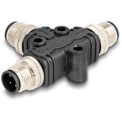 Rozgałęźnik splitter M12 typu T A-coded 4pin 1x męski na 2x męski złącze równoległe Delock 60578