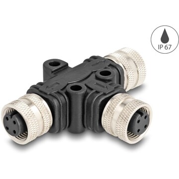 Rozgałęźnik splitter M12 typu T A-coded 4pin 1x żeński na 2x żeński złącze równoległe Delock 60579