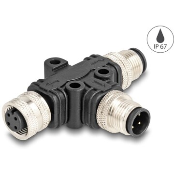 Rozgałęźnik splitter M12 typu T A-coded 4pin 1x męskie na 1x męskie + 1x żeńskie złącze równoległe Delock 60580